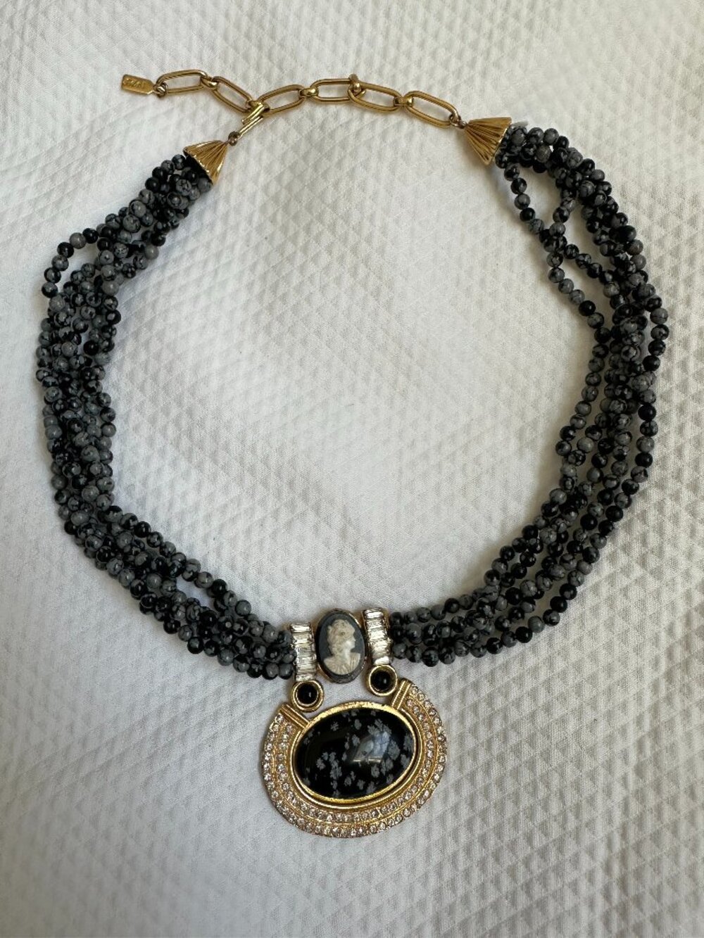 1928 Jewelry Vintage Multi-Strand Snowflake Obsidian Cameo Statement Necklace